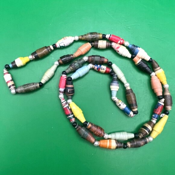 Handmade Rolled Paper Bead Necklace Long Continuous Strand Upcycled Bohemian - Picture 1 of 10